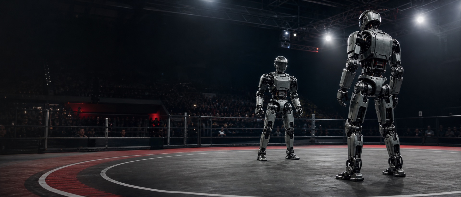 Non-documentary illustration of two generic humanoid robots in a combat arena