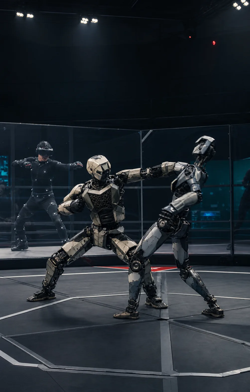 Generic humanoid robot fight with a motion-capture pilot behind a safety barrier